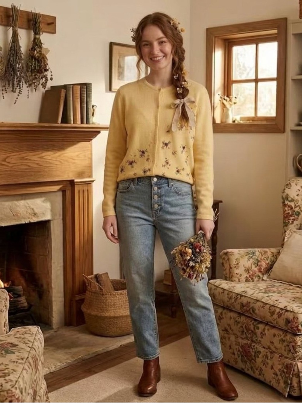 Vintage Knit Sweater Cardigan Northern Reflections Yellow Flower Womens Size Med